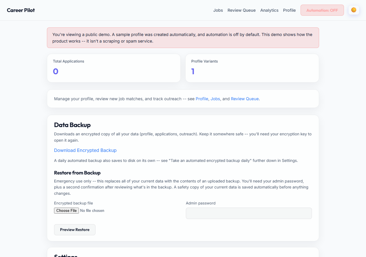Job Search CRM & AI Application Tailoring Center Dashboard